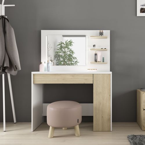 Coiffeuse multi rangements KHADI avec LED réglable blanc et imitation chêne