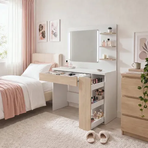 Coiffeuse avec miroir LED réglable et rangements KHADI imitation chêne et blanc