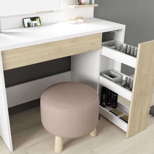 Coiffeuse multi rangements KHADI avec LED réglable blanc et imitation chêne