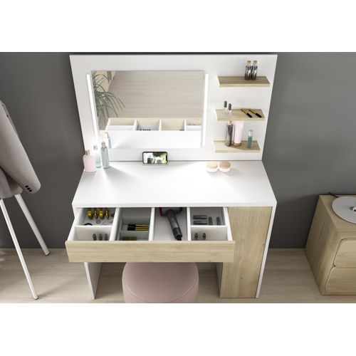 Coiffeuse multi rangements KHADI avec LED réglable blanc et imitation chêne