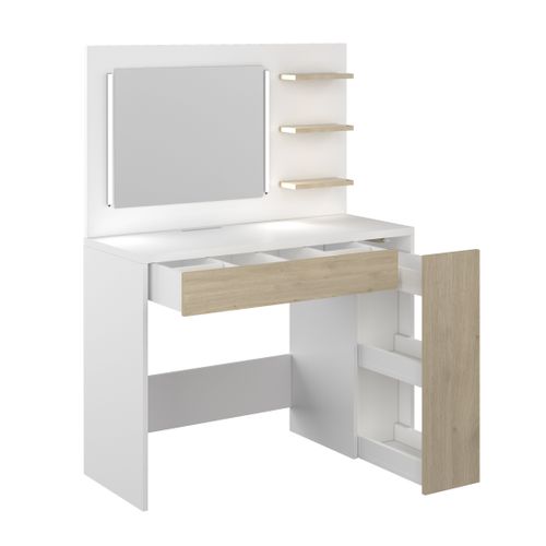 Coiffeuse multi rangements KHADI avec LED réglable blanc et imitation chêne
