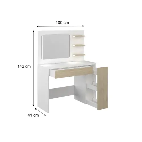 Coiffeuse avec miroir LED réglable et rangements KHADI imitation chêne et blanc