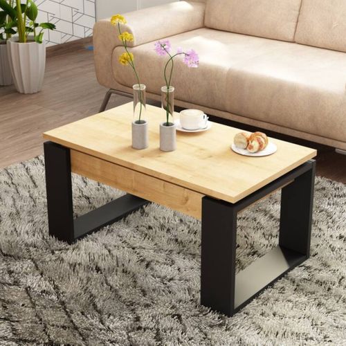 Table basse avec plateau relevable COSMIT imitation chêne et noir vue d'ambiance 1