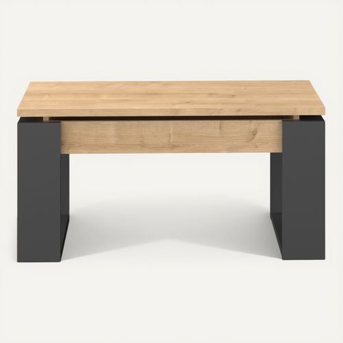 Table basse avec plateau relevable COSMIT imitation chêne et noir vue de face