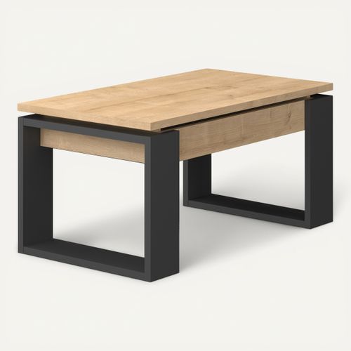 Table basse avec plateau relevable COSMIT imitation chêne et noir vue 3/4