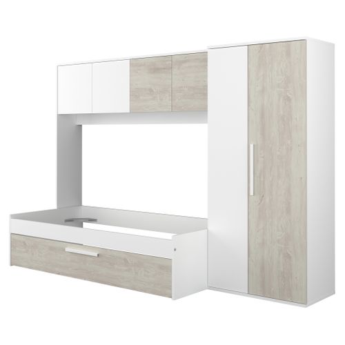 Lit gigogne 90x200 cm avec pont de lit ARTIK imitation chêne et blanc vue 3/4