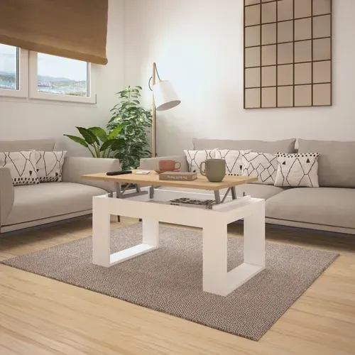 Table basse avec plateau relevable COSMIT imitation chêne et blanc vue d'ambiance 1