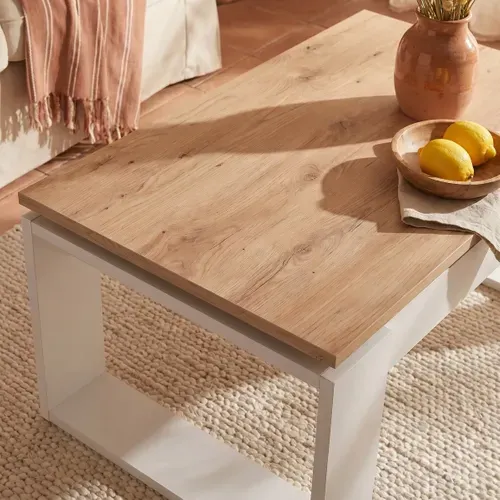 Table basse avec plateau relevable COSMIT imitation chêne et blanc