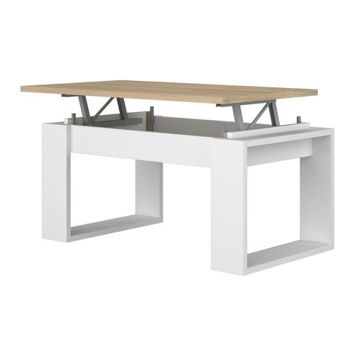 Table basse avec plateau relevable COSMIT imitation chêne et blanc vue de profil