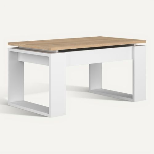 Table basse avec plateau relevable COSMIT imitation chêne et blanc vue 3/4