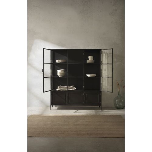 Vitrine Avec Portes Et Côtés En Verre Et Structure En Métal Noir