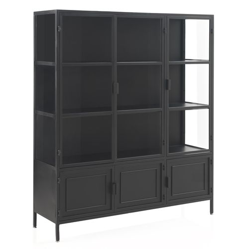 Vitrine Avec Portes Et Côtés En Verre Et Structure En Métal Noir