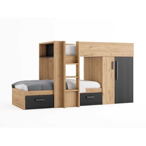 Lit superposé 2x90x190 cm LUPY Imitation chêne et noir vue 3/4