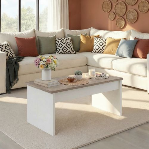 Table basse avec plateau relevable YANA Blanc et imitation chêne