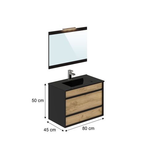 Meuble de salle de bain 80 cm KOH TAO Imitation chêne brut et noir