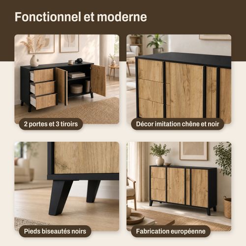Buffet L.160 2 portes 3 tiroirs OTAWA Imitation chêne et noir vue accessoires