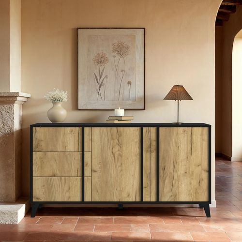 Buffet L.160 2 portes 3 tiroirs OTAWA Imitation chêne et noir