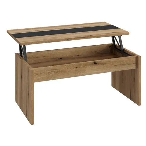 Table basse avec plateau relevable YANA Imitation chêne et noir vue de profil