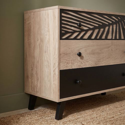 Commode 3 tiroirs avec motif PALMA noir et imitation chêne