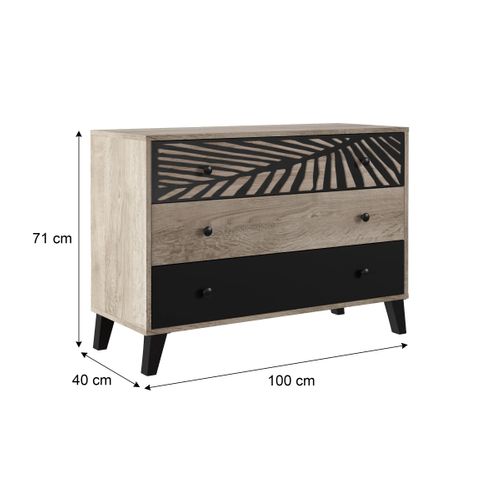 Commode 3 tiroirs avec motif PALMA noir et imitation chêne