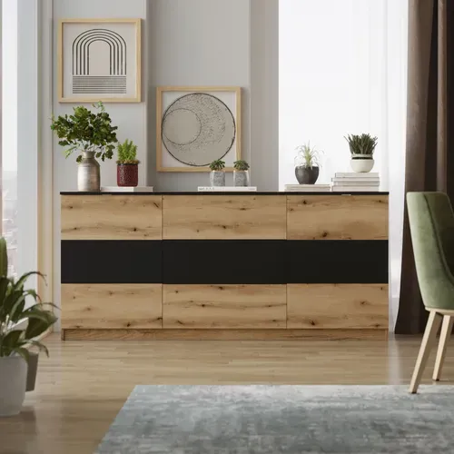 Buffet 2 portes 3 tiroirs L.180cm BERLIOZ Imitation chêne et noir vue d'ambiance 1