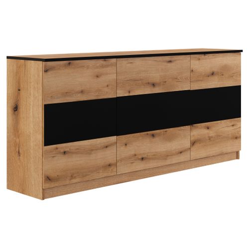 Buffet 2 portes 3 tiroirs L.180cm BERLIOZ Imitation chêne et noir vue 3/4