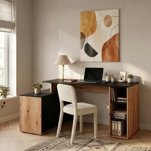 Bureau d'angle WRITE Imitation chêne et noir mat vue d'ambiance 1