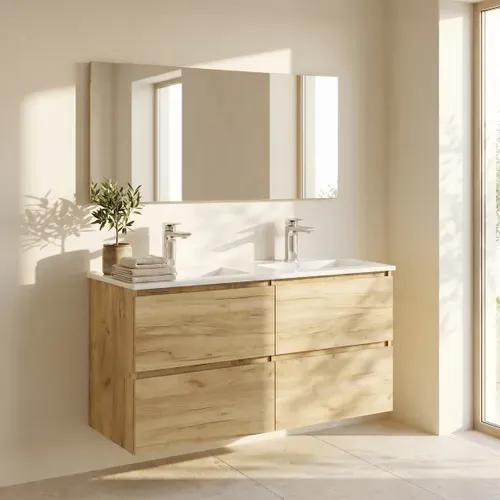 Meuble de salle de bain 120cm GALAPAGOS 2 Imitation chêne brut et blanc vue d'ambiance 1