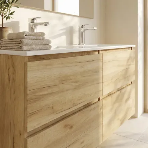 Meuble de salle de bain 120cm GALAPAGOS 2 Imitation chêne brut et blanc