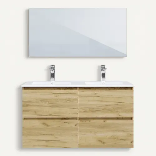 Meuble de salle de bain 120cm GALAPAGOS 2 Imitation chêne brut et blanc vue de face