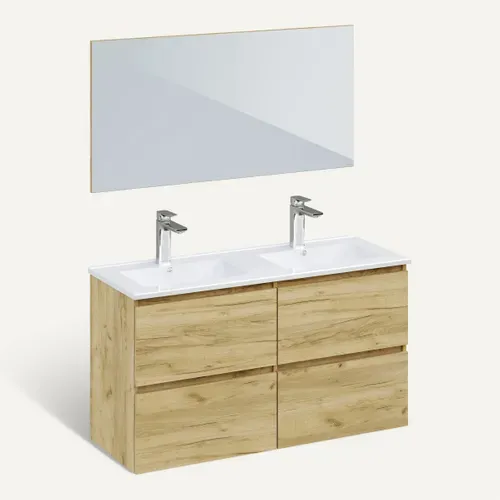 Meuble de salle de bain 120cm GALAPAGOS 2 Imitation chêne brut et blanc vue 3/4