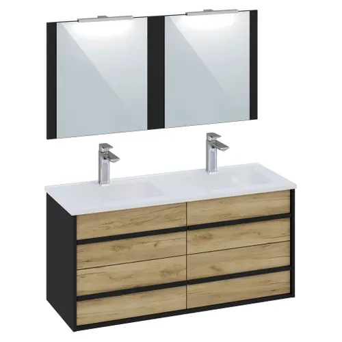 Meuble de salle de bain 120 cm KOH TAO Imitation chêne brut et noir