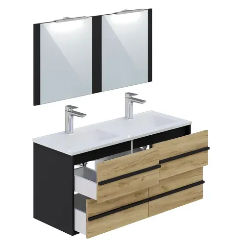 Meuble de salle de bain 120 cm KOH TAO Imitation chêne brut et noir