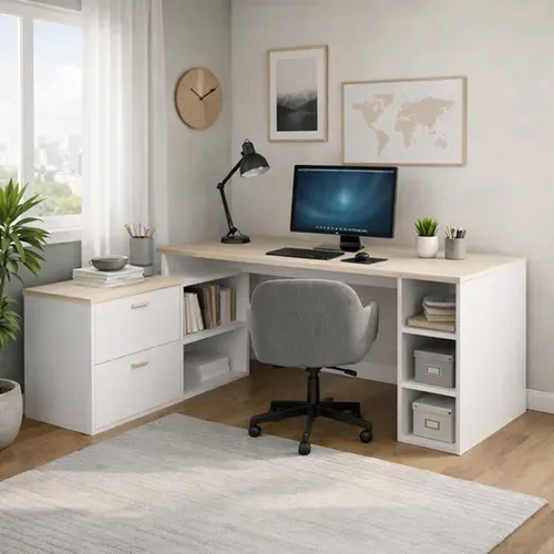 Bureau d'angle avec rangements imitation chêne et blanc WRITE