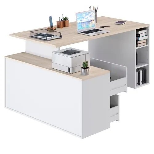 Bureau d'angle avec rangements imitation chêne et blanc WRITE