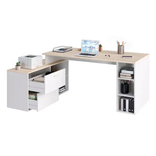Bureau d'angle avec rangements imitation chêne et blanc WRITE