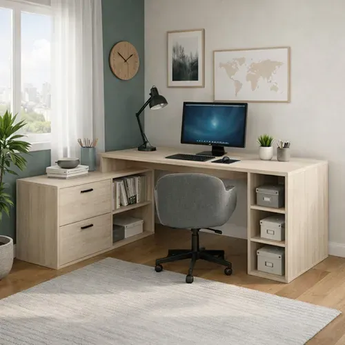 Bureau d'angle avec rangements imitation chêne WRITE