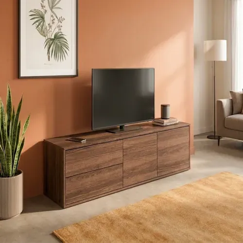 Meuble TV L.160 cm MINO imitation noyer vue d'ambiance 1