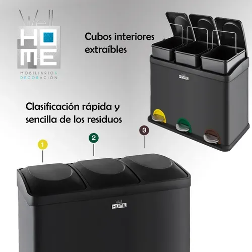 Corbeille De Recyclage Verte 45l Avec 3 Compartiments, Grande Capacité, Noir