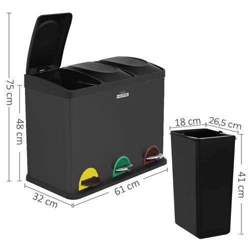 Corbeille De Recyclage Verte 45l Avec 3 Compartiments, Grande Capacité, Noir