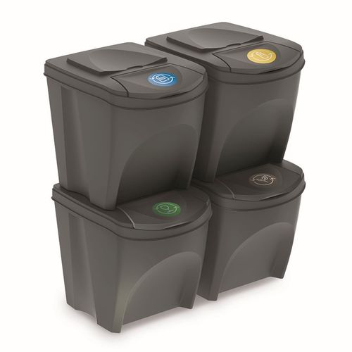 Prosperplast Sortibox – Set De 4 Bacs Recyclage 2×35 L + 2×25 L – Poubelles Tri Sélectif Empilables Gris – Papier Verre Plastique Organique