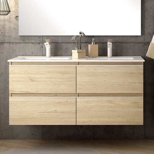 Meuble De Salle De Bain 120cm Double Vasque - 4 Tiroirs - Balea - Bambou (chêne Clair)