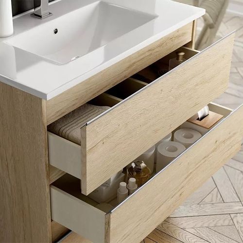 Meuble De Salle De Bain 120cm Double Vasque - 4 Tiroirs - Balea - Bambou (chêne Clair)