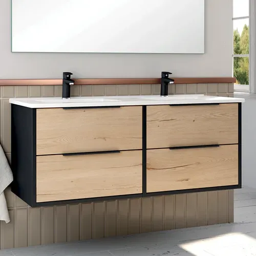 Meuble De Salle De Bain 120cm Double Vasque - 4 Tiroirs - Alba - Noir/roble