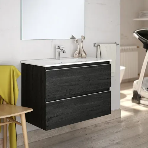 Meuble De Salle De Bain 60cm Simple Vasque - 2 Tiroirs - Sans Miroir - Balea - Ebony (bois Noir)