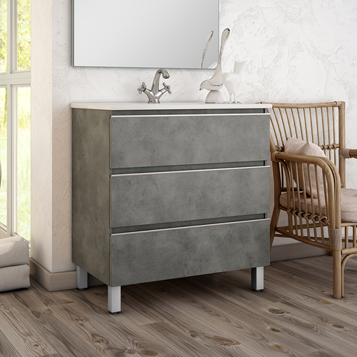 Meuble De Salle De Bain 100cm Simple Vasque - 3 Tiroirs - Sans Miroir - Palma - Ciment (gris)
