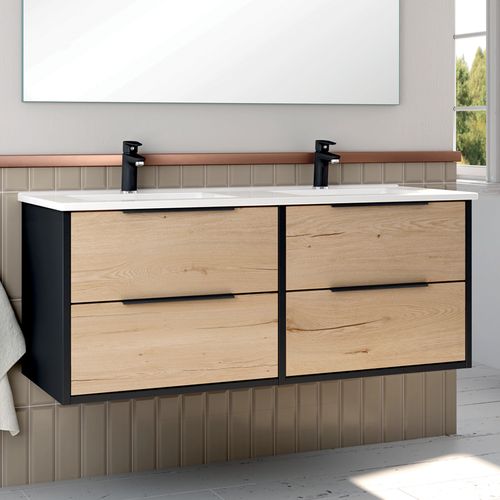 Meuble De Salle De Bain 120cm Double Vasque - 4 Tiroirs - Sans Miroir - Alba - Noir/roble