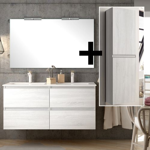 Meuble De Salle De Bain 140cm Double Vasque + Colonne De Rangement - Balea - Bois Blanchi