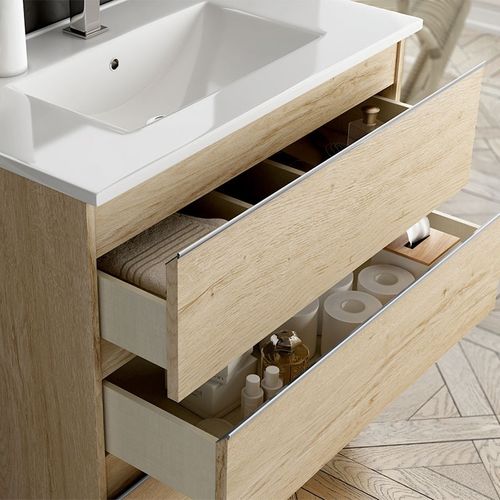 Meuble De Salle De Bain 80cm Simple Vasque + Colonne De Rangement Palma - Bambou (chêne Clair)