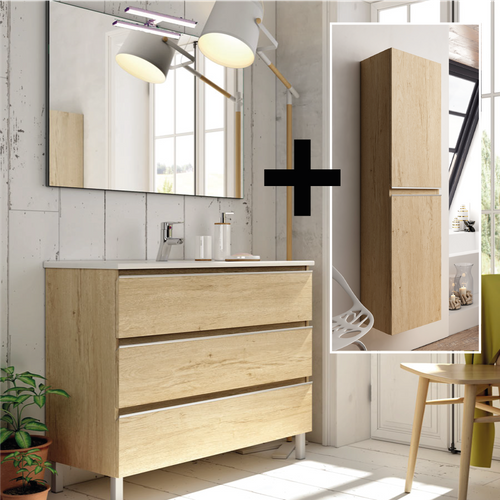 Meuble De Salle De Bain 80cm Simple Vasque + Colonne De Rangement Palma - Bambou (chêne Clair)